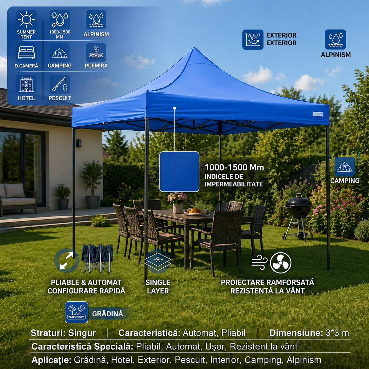 Cort Pavilion Pliabil 3x3m, Cadru Metalic Ranforsat, Inaltime Ajustabila, Acoperis Impermeabil Oxford 420D, Poliester 185 g/m, Albastru