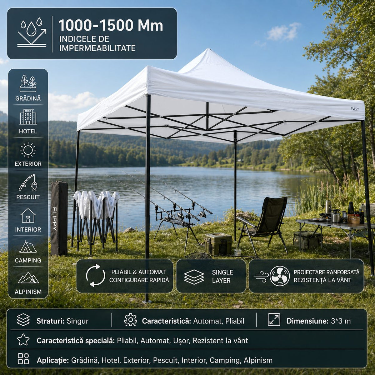 Cort Pavilion Pliabil 3x3m, Cadru Metalic Ranforsat, Inaltime Ajustabila, Acoperis Impermeabil Polyester Oxford 420D 185 g/mp, Gradina si Evenimente, Alb