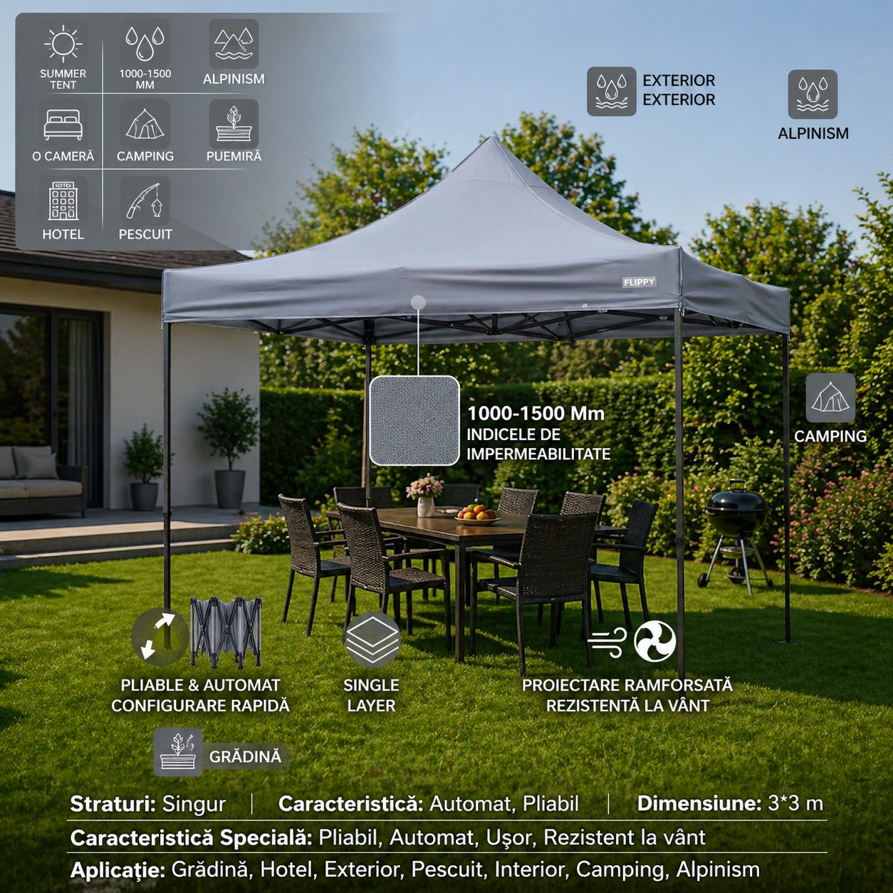 Pavilion Pliabil 3x3m, Cort Gradina si Evenimente, Cadru Metalic Ranforsat, Acoperis Poliester Oxford 420D, Inaltime Ajustabila, Gri