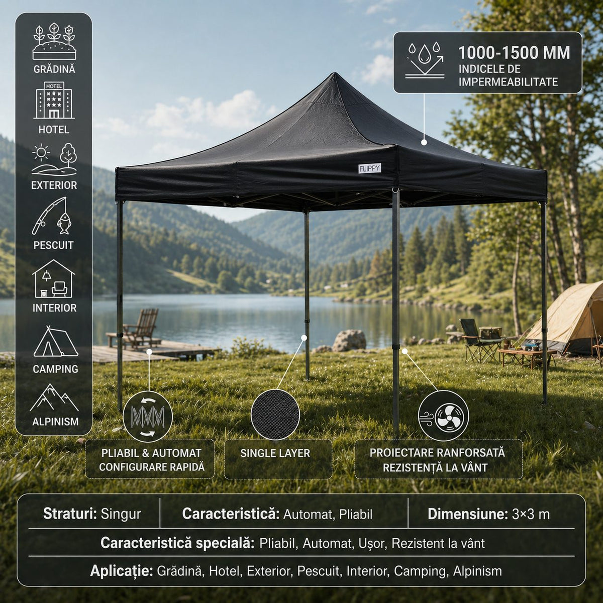 Cort Pavilion Pliabil 3x3m, Cadru Metalic Ranforsat Reglabil, Acoperis Impermeabil Poliester Oxford 420D, 185 g/m, Negru