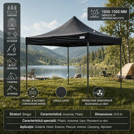 Cort Pavilion Pliabil 3x3m, Cadru Metalic Ranforsat Reglabil, Acoperis Impermeabil Poliester Oxford 420D, 185 g/m, Negru
