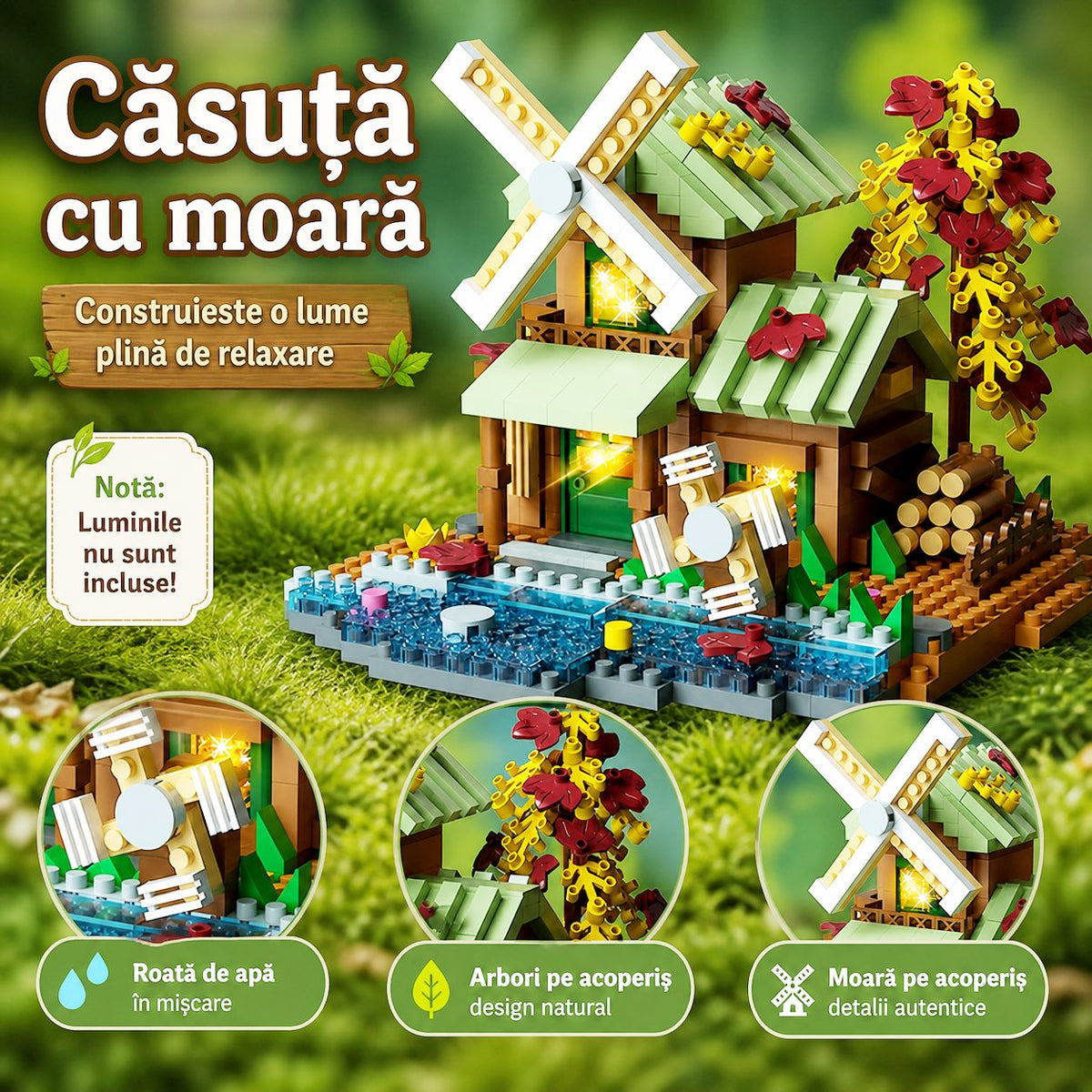 Set Constructie Forest Log Cabin, Casuta cu Moara de Vant, Joc Educativ din ABS, 717 Piese, 10.4x11.7x9 cm, Multicolor