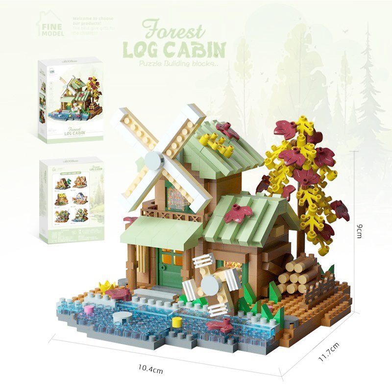 Set Constructie Forest Log Cabin, Casuta cu Moara de Vant, Joc Educativ din ABS, 717 Piese, 10.4x11.7x9 cm, Multicolor