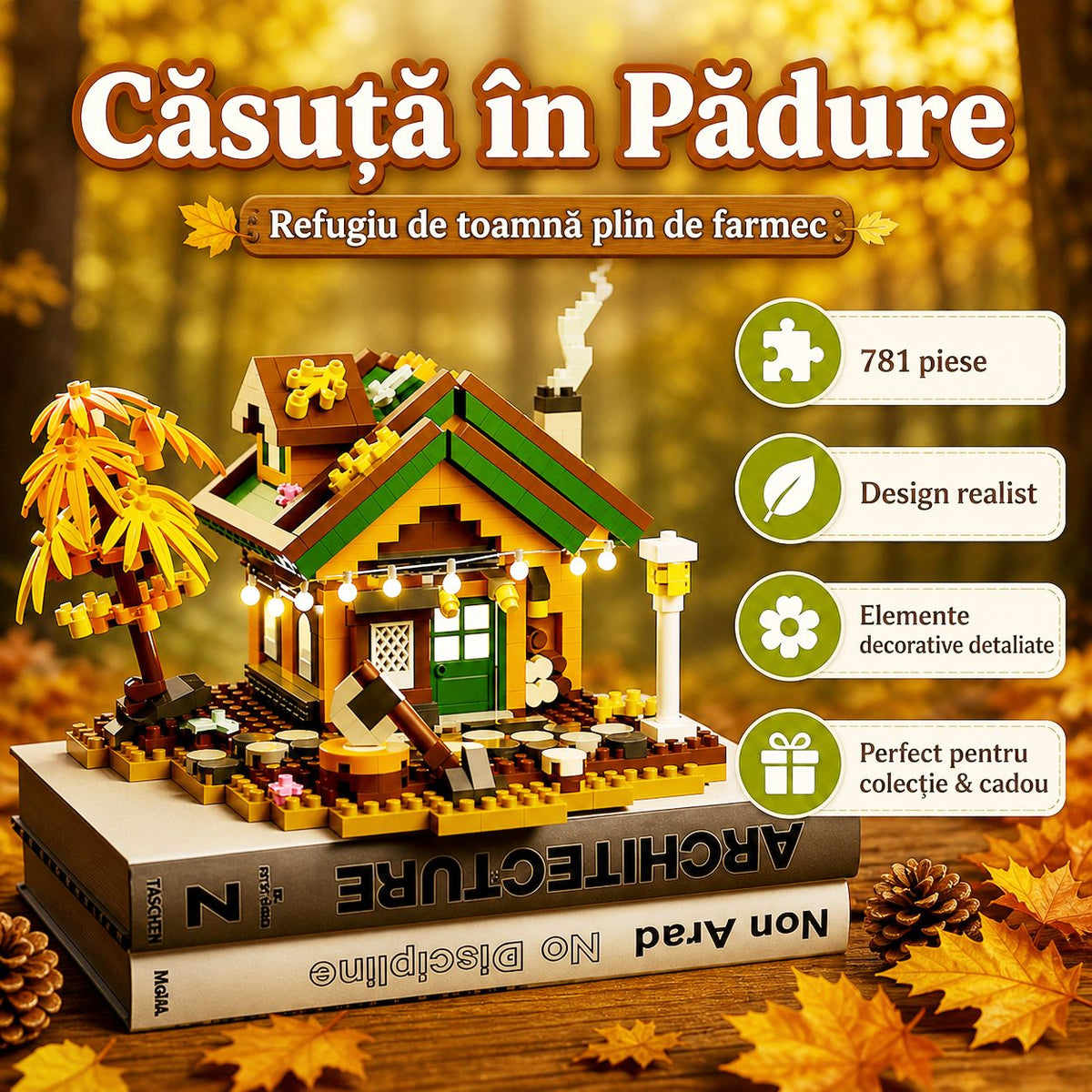 Set Constructie Forest Log Cabin, Model Casuta Din Padure, Jucarie Educativa Si Creativa, Material ABS, 781 Piese, 11.2x9.8x8 cm, Multicolor