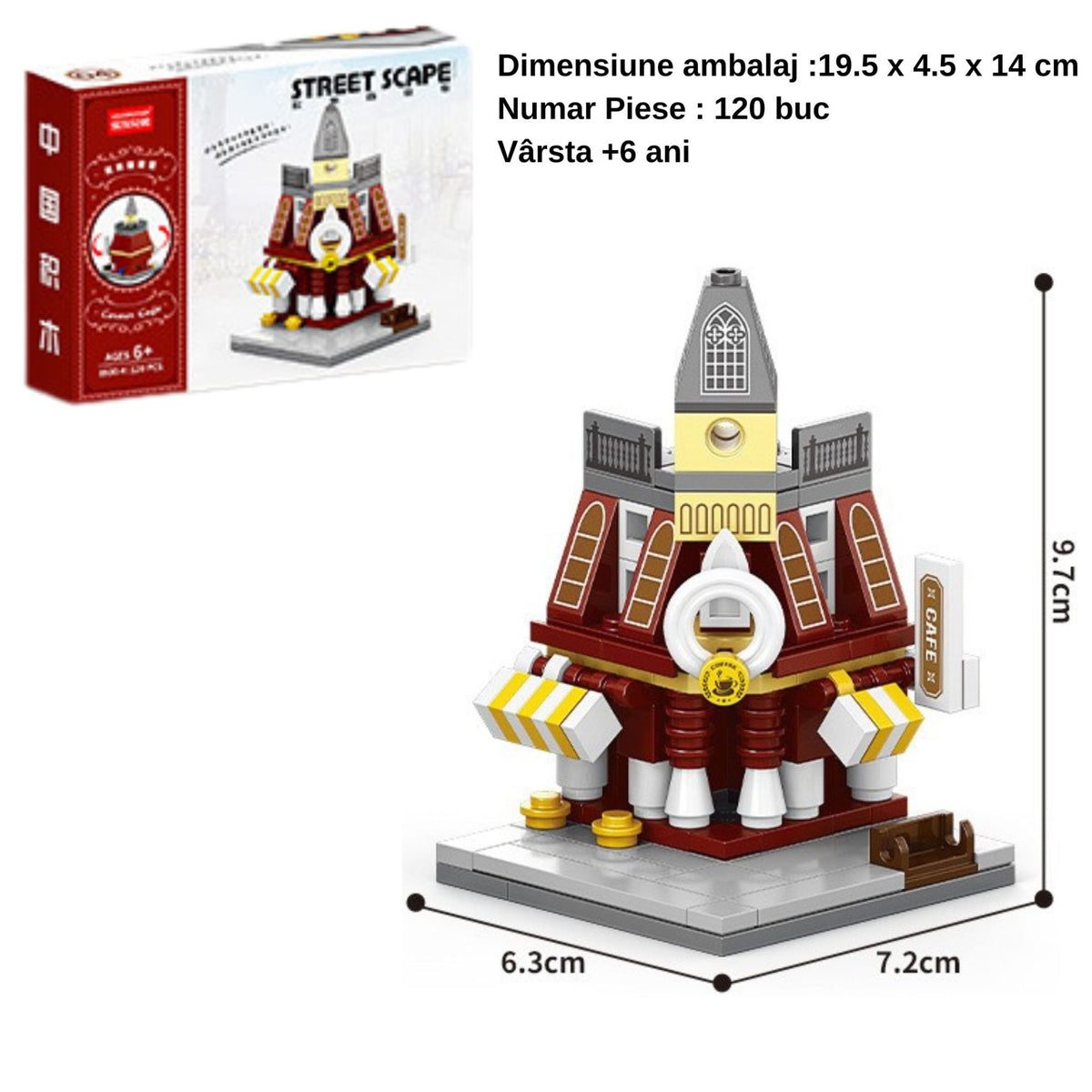 Set de Constructie Jucarie Educativa STEM, Model 3D Strada Comerciala Europeana, 120 Piese, Plastic, +6 Ani, 7.2 x 6.3 x 9.7 cm, Bordo/Gri