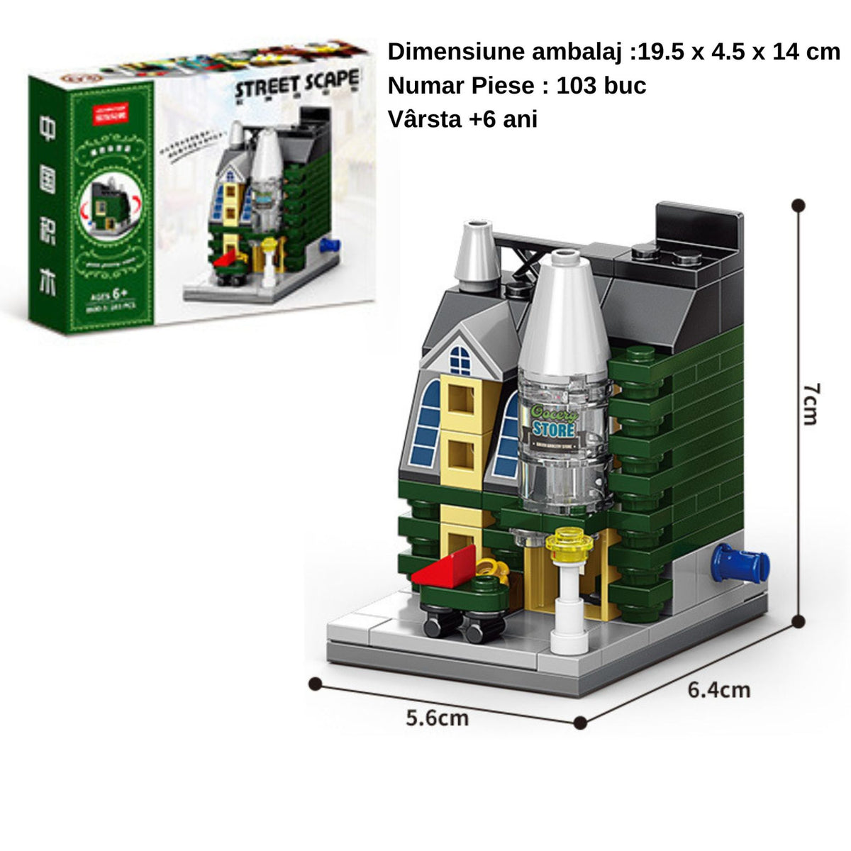 Set de Constructie STEM, Jucarie Educativa Model 3D Strada Comerciala Europeana, Dezvoltare Creativitate si Logica, 103 Piese, Recomandat +6 Ani, Verde/Gri, 6.4 x 5.6 x 7 cm