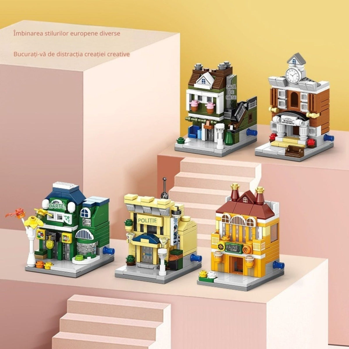 Set de Constructie Educativ STEM, Model 3D Strada Comerciala Europeana, 145 Piese, Plastic, +6 Ani, 6.4 x 5.6 x 7.6 cm, Albastru/Galben