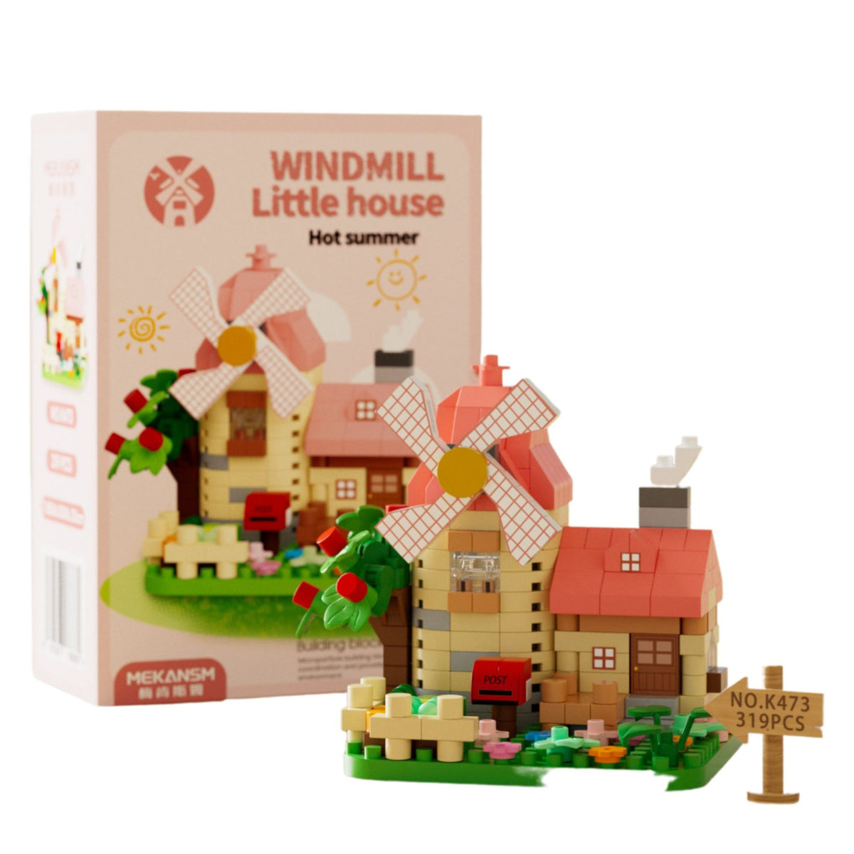 Set de Constructie Moara de Vant Miniatura, Jucarie Educativa STEM, Puzzle 3D din Micro-Caramizi, Plastic ABS, 319 Piese, +6 Ani, 11.5 x 8 x 4.5 cm, Roz