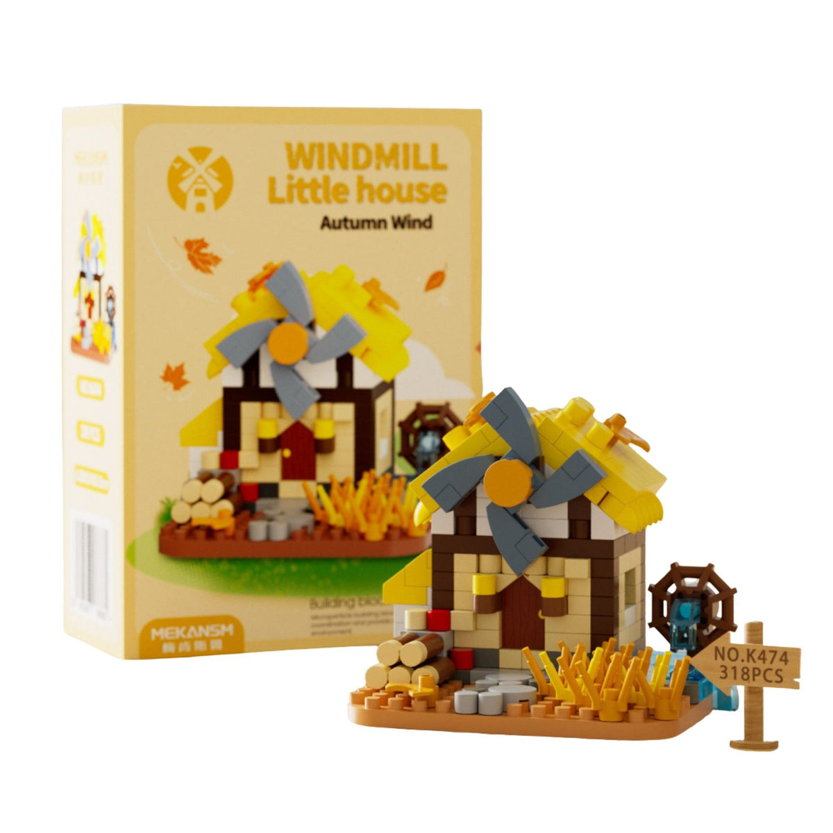 Set de Constructie Moara de Vant, Jucarie Educativa STEM, Model 3D din Micro-Caramizi, 318 Piese, Material ABS, Varsta +6 Ani, 11.5 x 8 x 4.5 cm, Portocaliu