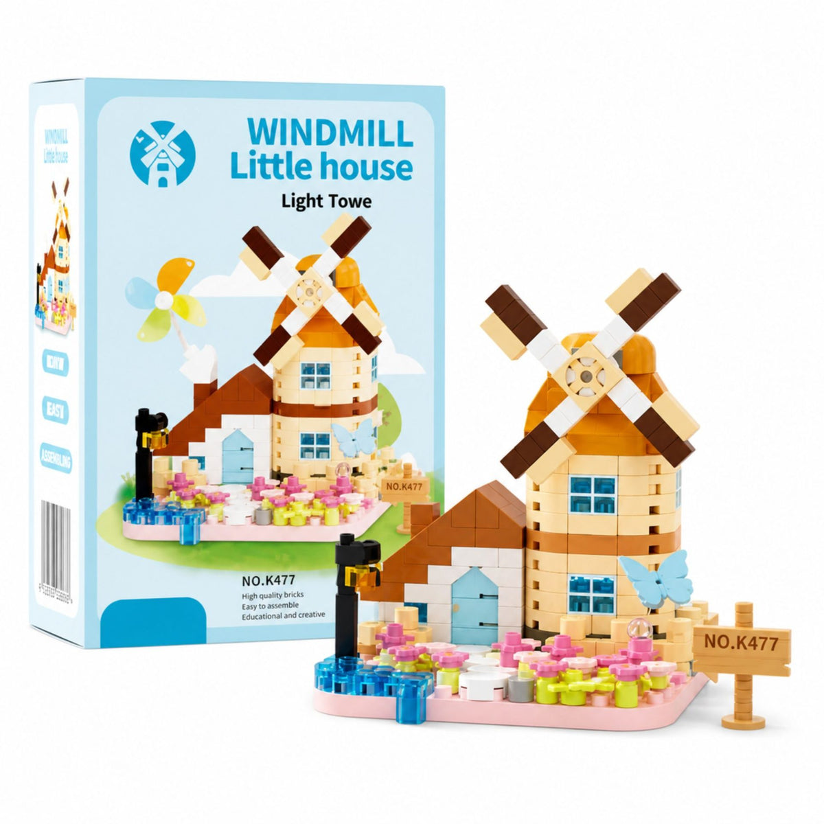 Set de Constructie Moara de Vant, Jucarie Educativa STEM, Model 3D din Micro-Caramizi, Plastic ABS, 283 Piese, Varsta +6 Ani, 11.5 x 8 x 4.5 cm, Albastru