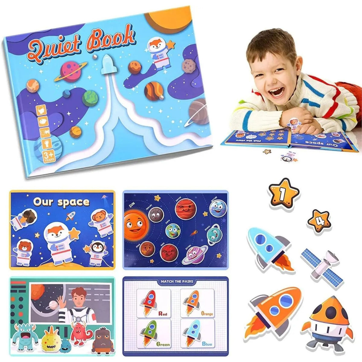 Carte Educativa Montessori Quiet Book, Joc Senzorial cu Stickere Reutilizabile si Activitati Interactive, Tematica Explorarea Spatiului, Carton Plastificat, 28 x 20.5 cm, 3 Ani+, Multicolor