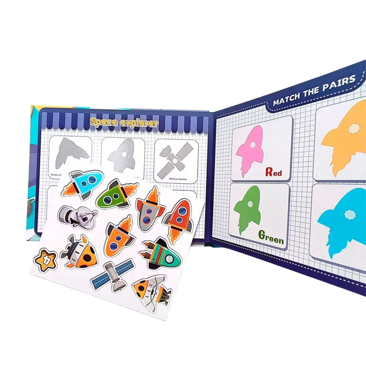 Carte Educativa Montessori Quiet Book, Joc Senzorial cu Stickere Reutilizabile si Activitati Interactive, Tematica Explorarea Spatiului, Carton Plastificat, 28 x 20.5 cm, 3 Ani+, Multicolor
