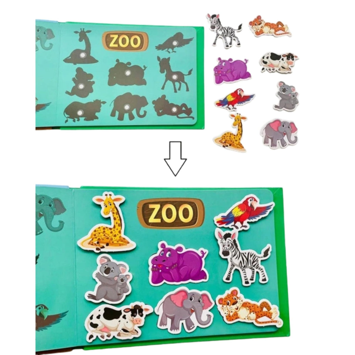 Carte Educativa Quiet Book Senzoriala, Joc Montessori cu Stickere Reutilizabile si Puzzle, Invatare Limba Engleza, Lumea Animalelor, Carton Plastificat cu Scai, 10 Pagini, 3 Ani+, Multicolor