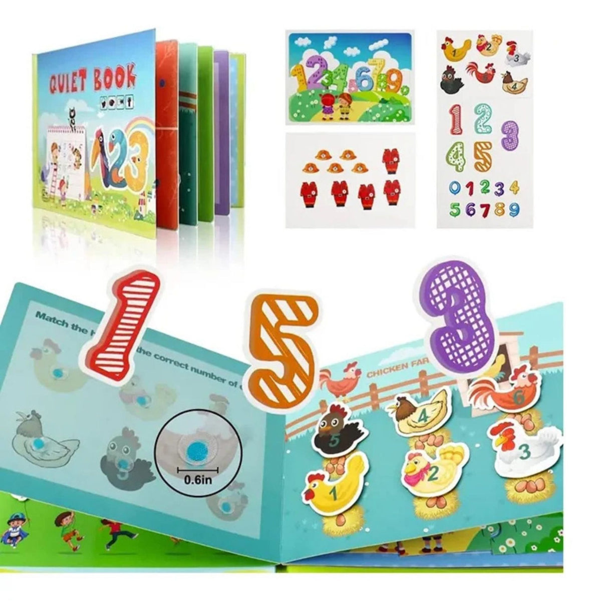Carte Educativa Busy Book, Joc Montessori cu Stickere Reutilizabile Velcro, Invatare Numere si Logica, Carton Plastificat, 10 Pagini, Multicolor, +3 Ani