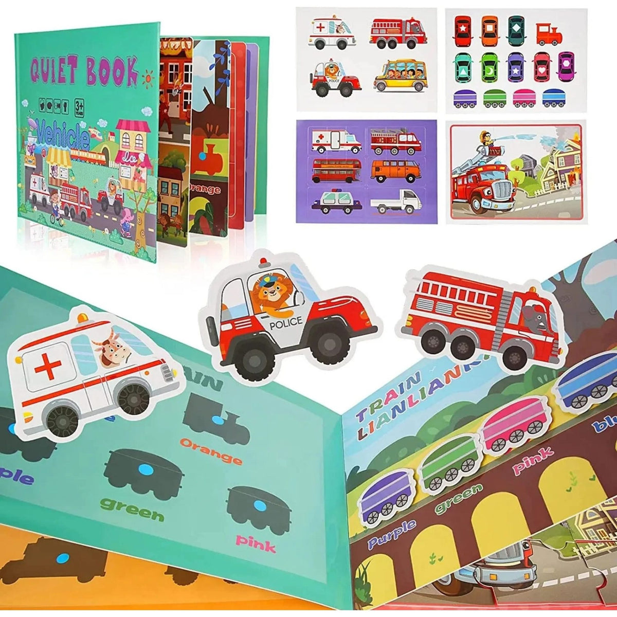 Carte Educativa Quiet Book Montessori cu Stickere Reutilizabile, Joc Senzorial pentru Invatare Timpurie si Motricitate, Model Vehicule, Carton Plastificat, 10 Pagini, 3 Ani+, Multicolor