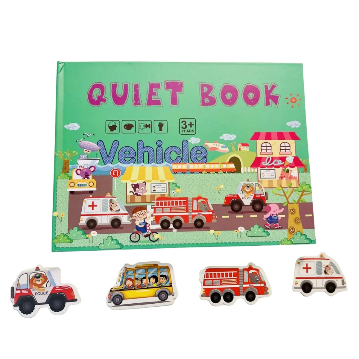 Carte Educativa Quiet Book Montessori cu Stickere Reutilizabile, Joc Senzorial pentru Invatare Timpurie si Motricitate, Model Vehicule, Carton Plastificat, 10 Pagini, 3 Ani+, Multicolor