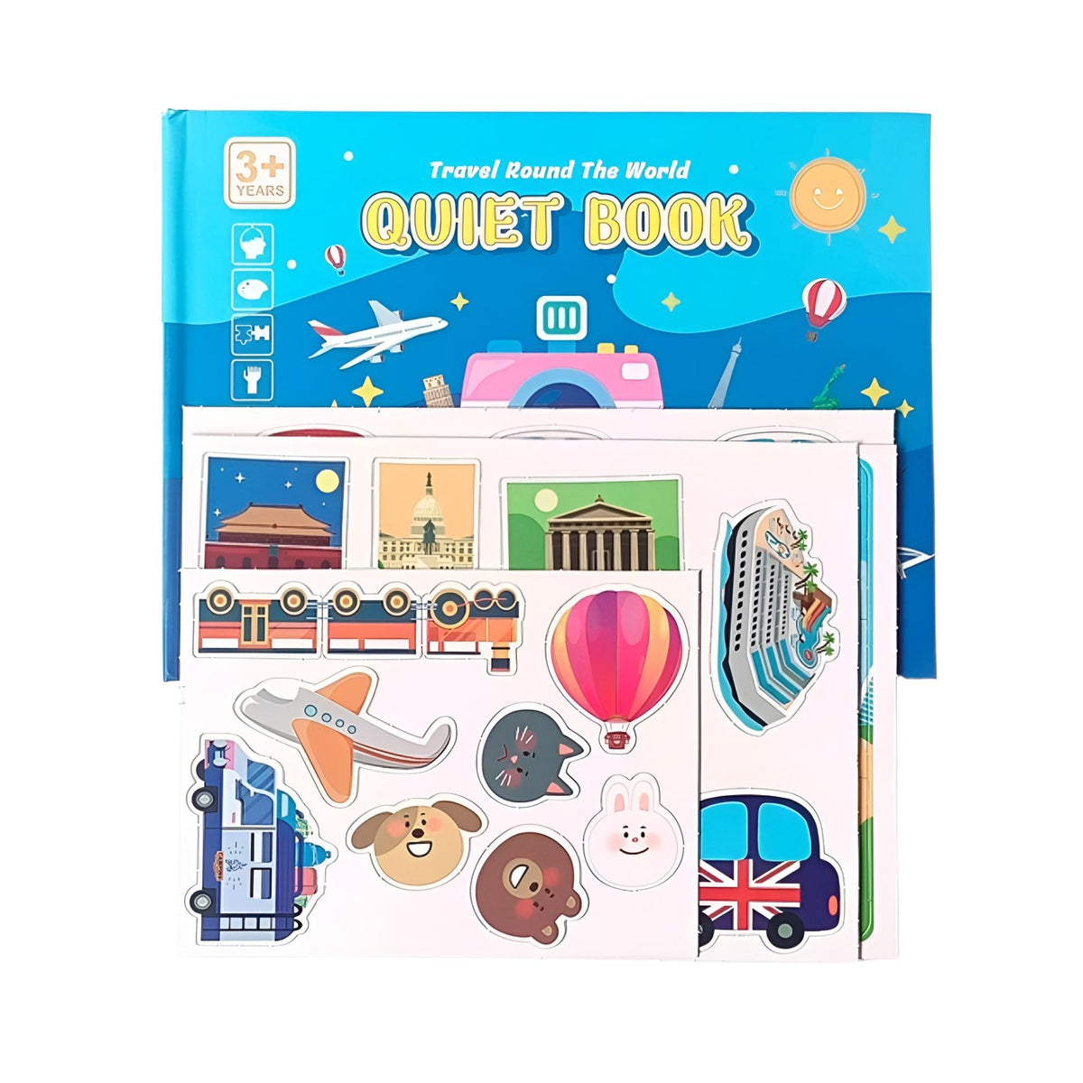 Carte Educativa Montessori, Quiet Book Senzoriala cu Stickere Reutilizabile si Activitati Interactive, Carton Rezistent, Seria In Jurul Lumii, 10 Pagini, 44 Piese Velcro, 3 ani, Multicolor