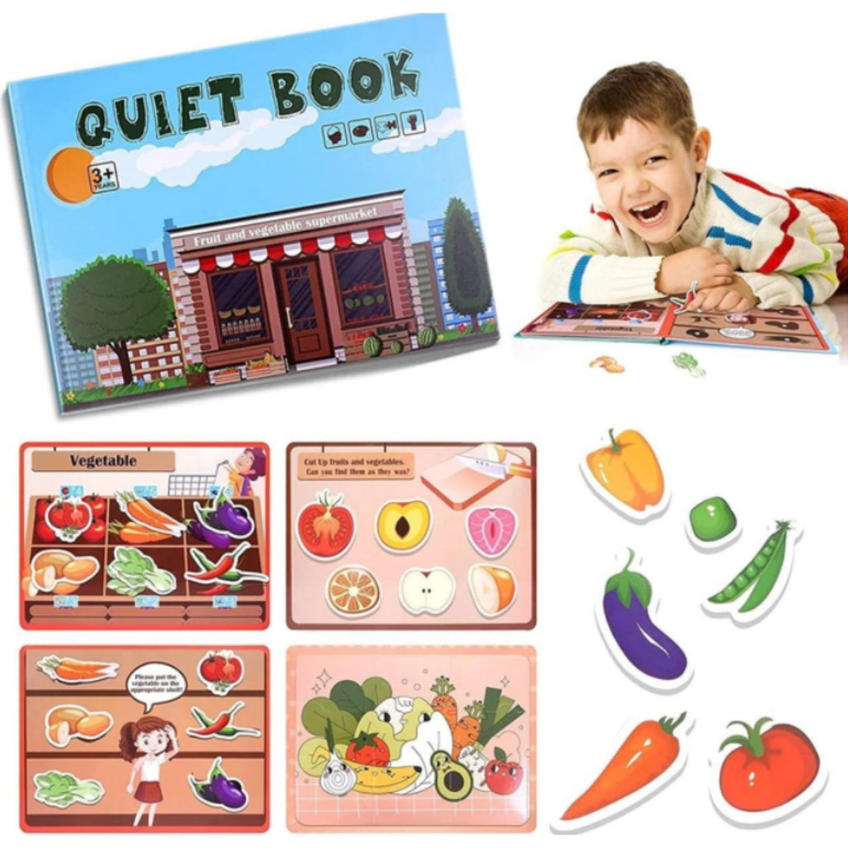 Carte Educativa Quiet Book Montessori cu Stickere Reutilizabile, Joc Senzorial pentru Invatare Timpurie, Fructe si Legume, Carton Plastificat, 10 Pagini Interactive, 3 Ani+, Multicolor