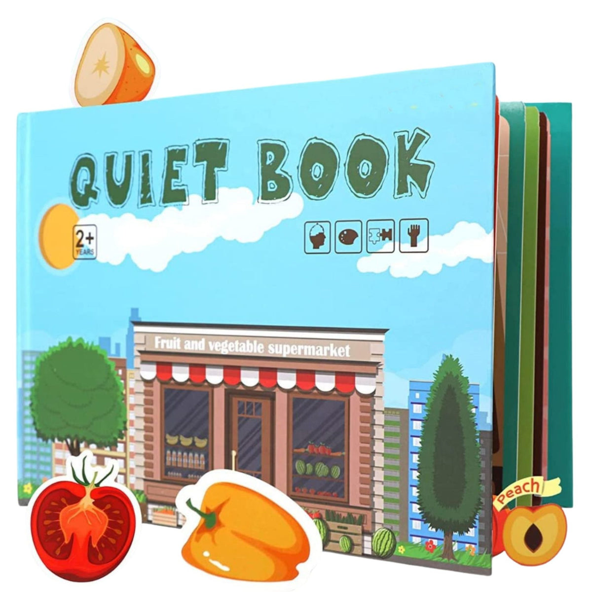 Carte Educativa Quiet Book Montessori cu Stickere Reutilizabile, Joc Senzorial pentru Invatare Timpurie, Fructe si Legume, Carton Plastificat, 10 Pagini Interactive, 3 Ani+, Multicolor
