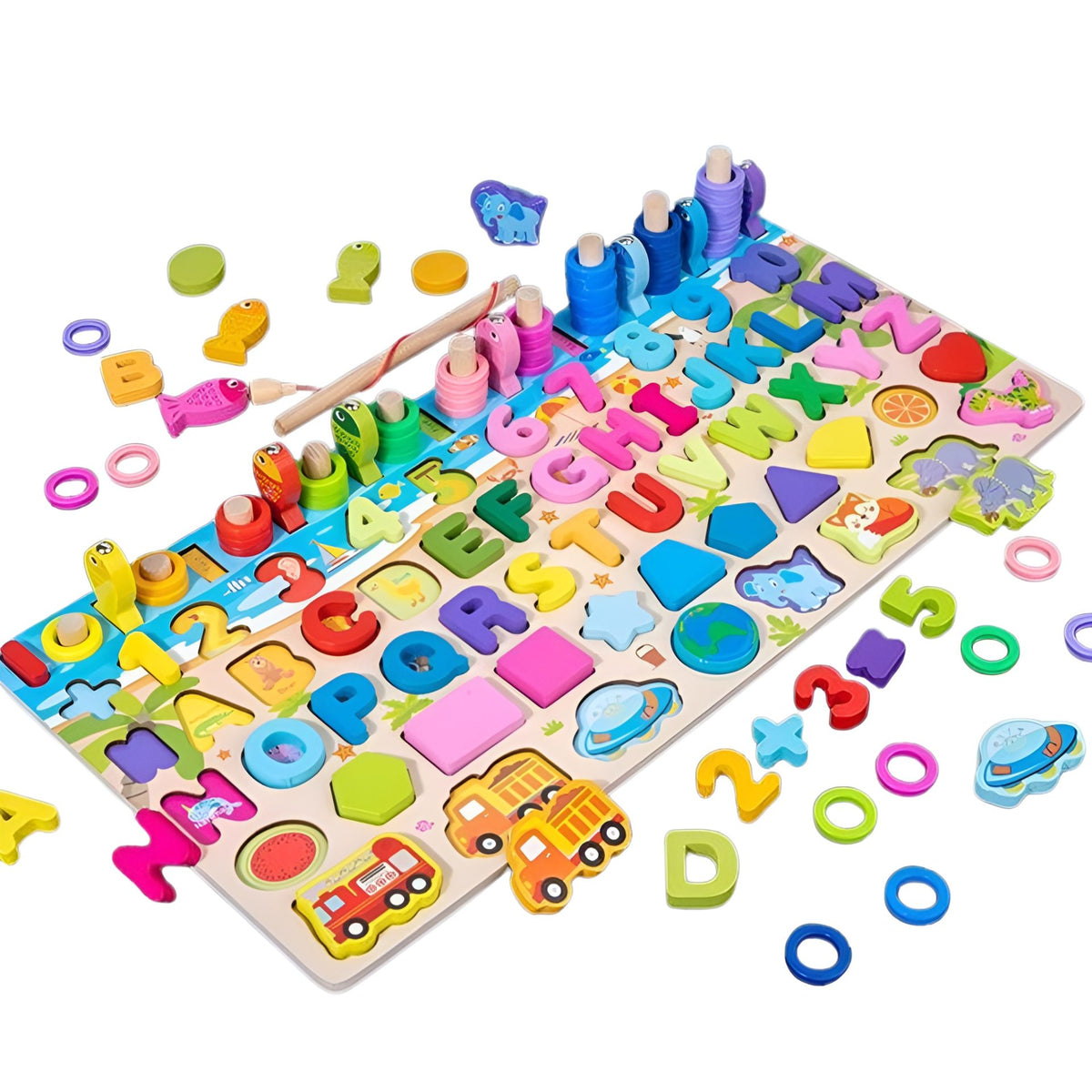 Joc Educativ Montessori, Tabla Logaritmica 6 in 1 cu Pescuit Magnetic, Puzzle 3D Litere, Cifre si Vehicule, Stivuire Inele, Lemn Natural, 45.5 x 22 cm, Multicolor