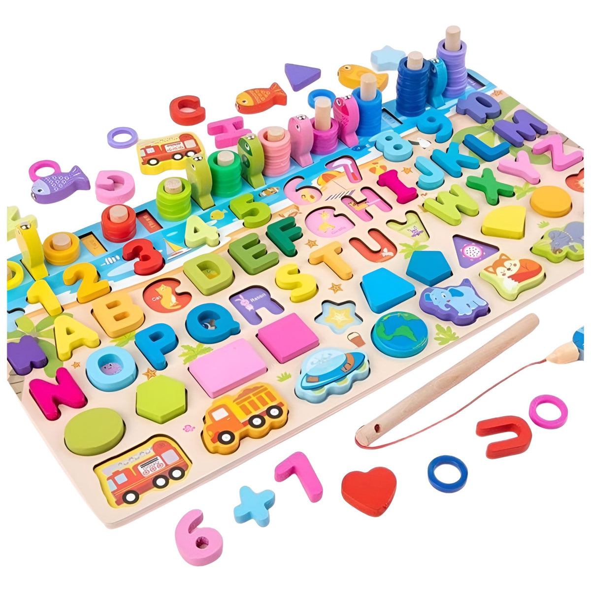 Joc Educativ Montessori, Tabla Logaritmica 6 in 1 cu Pescuit Magnetic, Puzzle 3D Litere, Cifre si Vehicule, Stivuire Inele, Lemn Natural, 45.5 x 22 cm, Multicolor