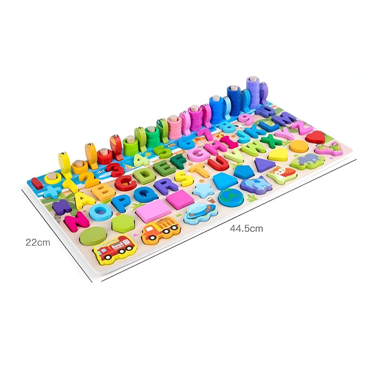 Joc Educativ Montessori, Tabla Logaritmica 6 in 1 cu Pescuit Magnetic, Puzzle 3D Litere, Cifre si Vehicule, Stivuire Inele, Lemn Natural, 45.5 x 22 cm, Multicolor