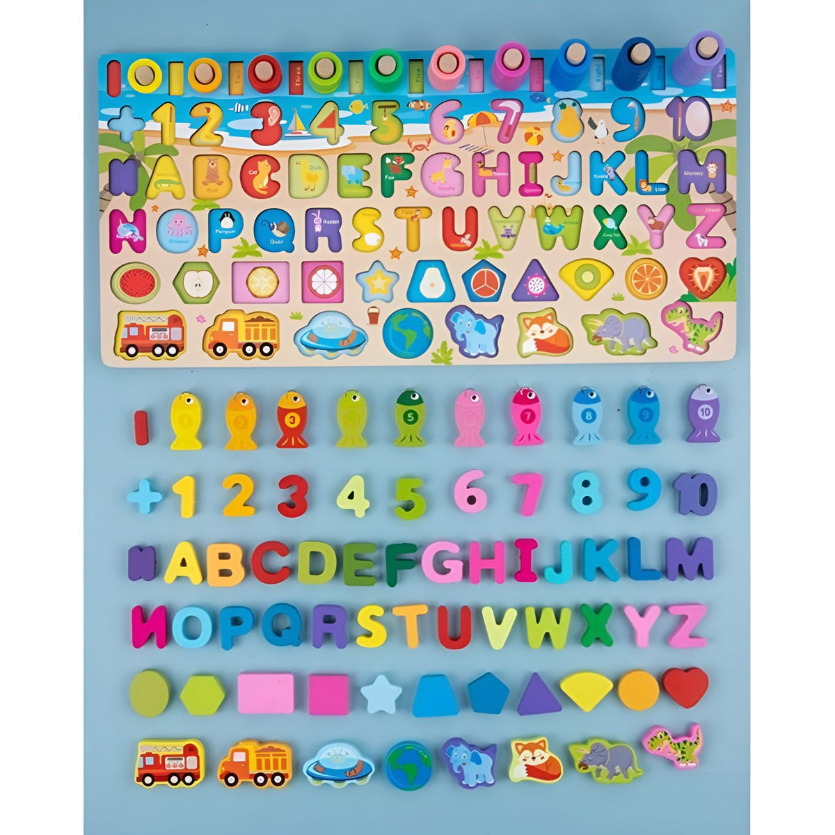 Joc Educativ Montessori, Tabla Logaritmica 6 in 1 cu Pescuit Magnetic, Puzzle 3D Litere, Cifre si Vehicule, Stivuire Inele, Lemn Natural, 45.5 x 22 cm, Multicolor