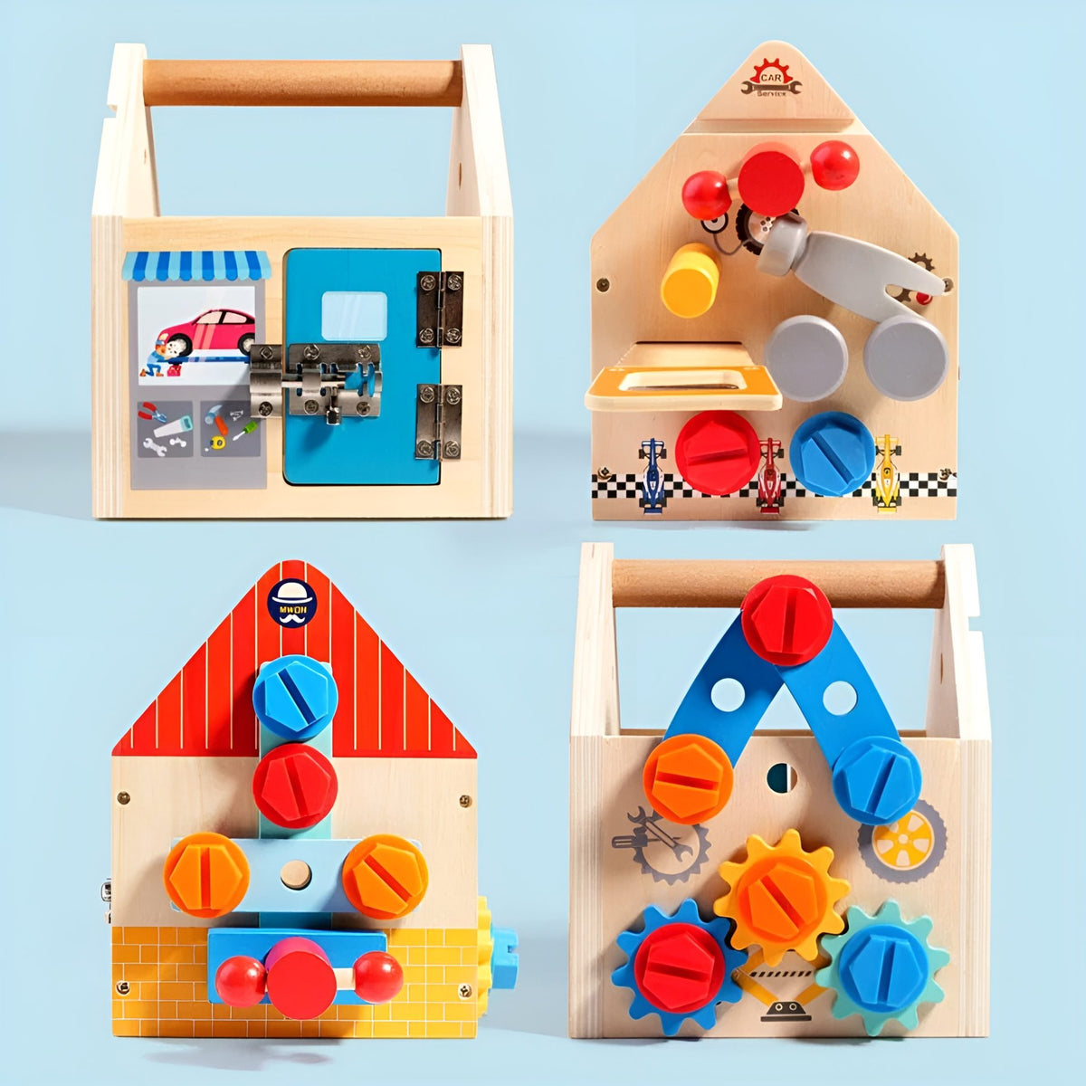 Jucarie Educativa Montessori, Set de Unelte 2 in 1 pentru Copii, Atelier de Lucru tip Casuta cu Maner, Lemn Ecologic, 16.5 x 20 cm, 3 Ani+, Multicolor
