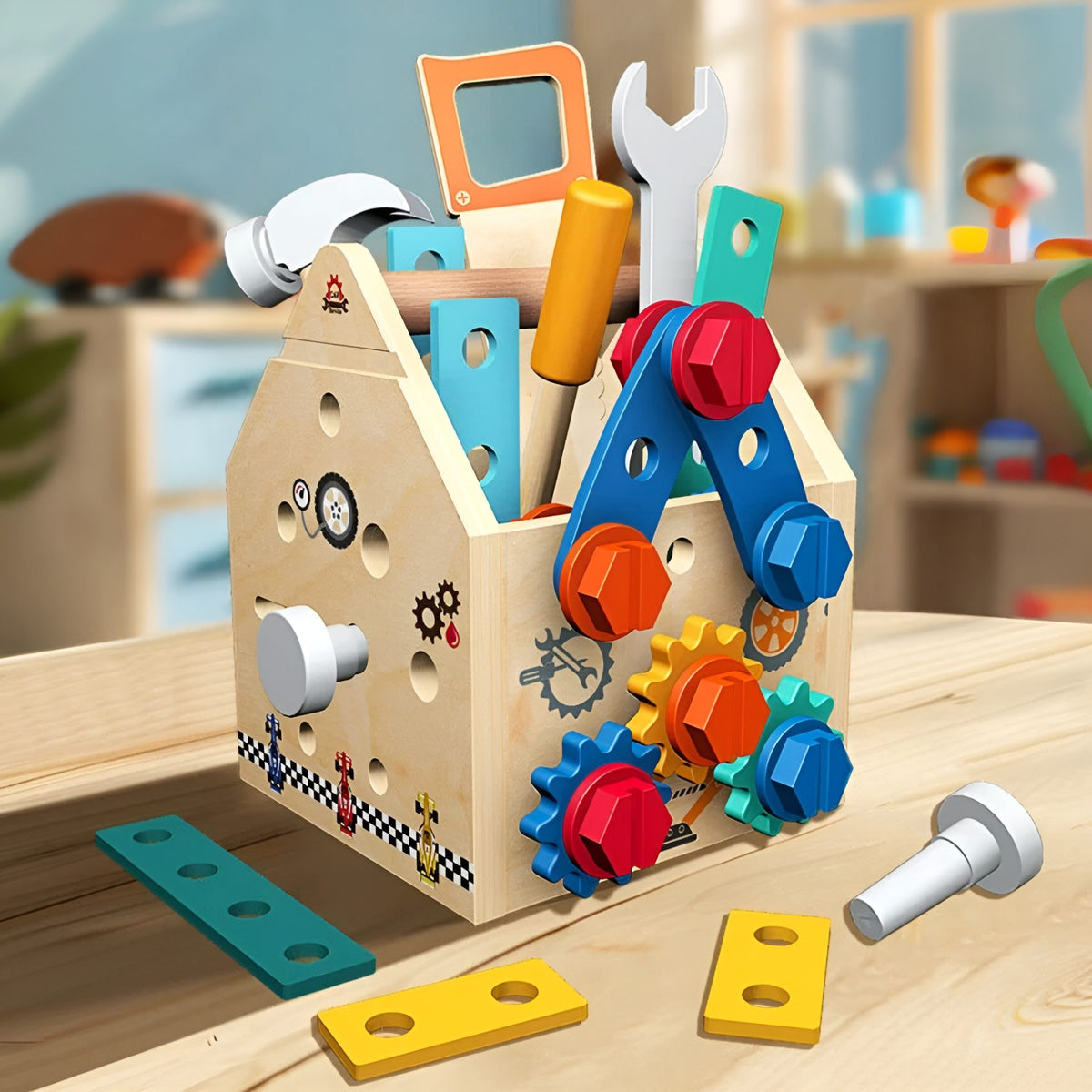 Jucarie Educativa Montessori, Set de Unelte 2 in 1 pentru Copii, Atelier de Lucru tip Casuta cu Maner, Lemn Ecologic, 16.5 x 20 cm, 3 Ani+, Multicolor