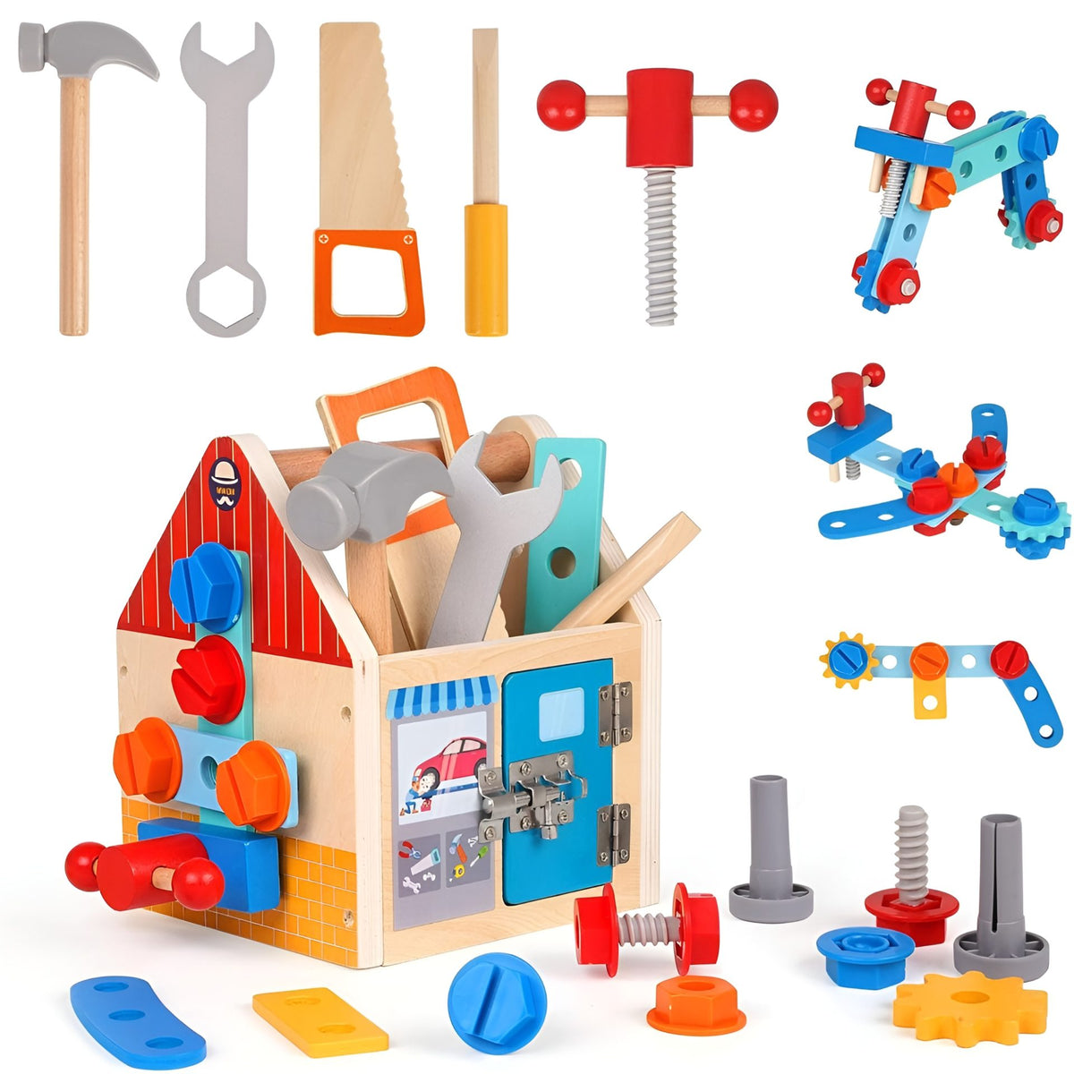 Jucarie Educativa Montessori, Set de Unelte 2 in 1 pentru Copii, Atelier de Lucru tip Casuta cu Maner, Lemn Ecologic, 16.5 x 20 cm, 3 Ani+, Multicolor