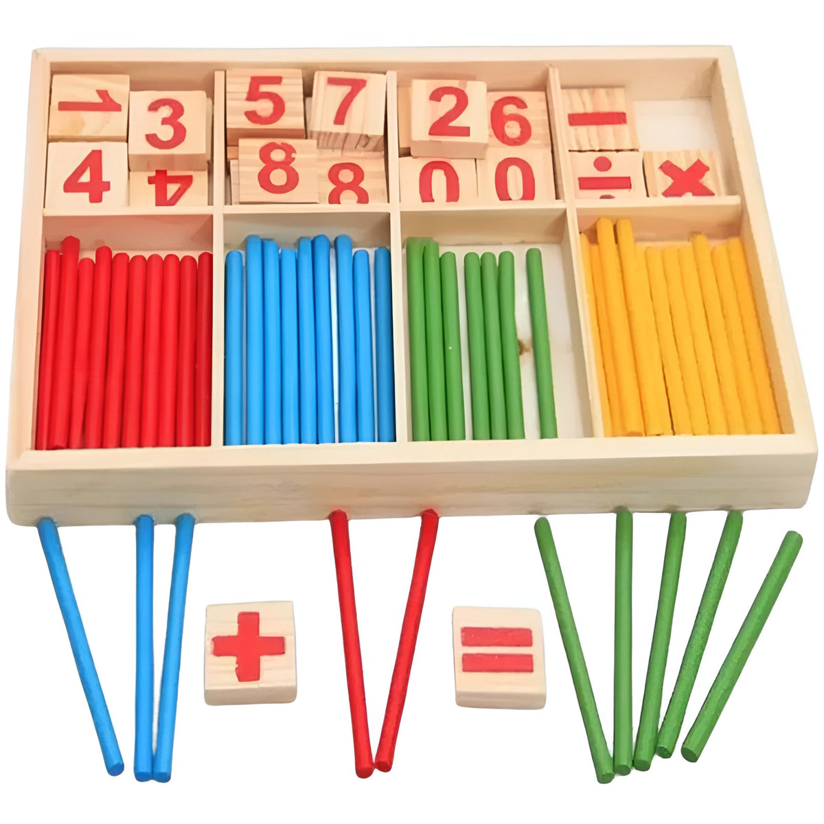 Joc Educativ Montessori, Set Matematic din Lemn cu Betisoare si Cifre pentru Invatare Operatii Aritmetice si Logica, Cutie Organizator, 74 Piese, 3 Ani+, Multicolor
