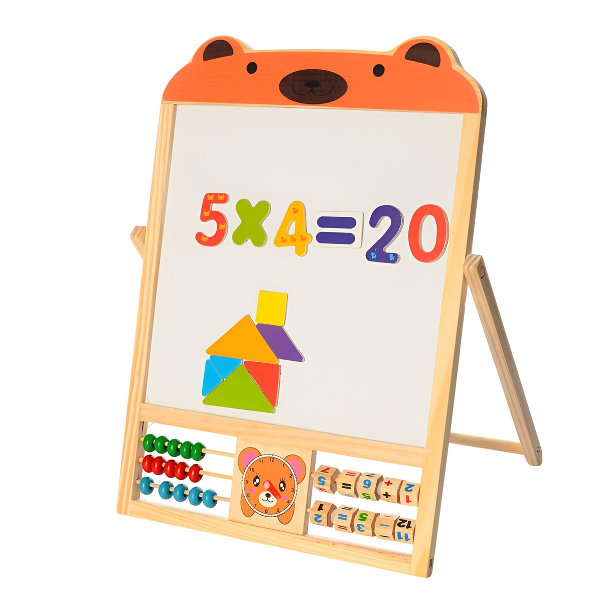 Tabla Educationala Magnetica 2 in 1, Pliabila cu Abac si Doua Fete pentru Creta si Marker, Set Accesorii Litere si Cifre, Lemn Natural, Varsta 3 ani+, Portocaliu