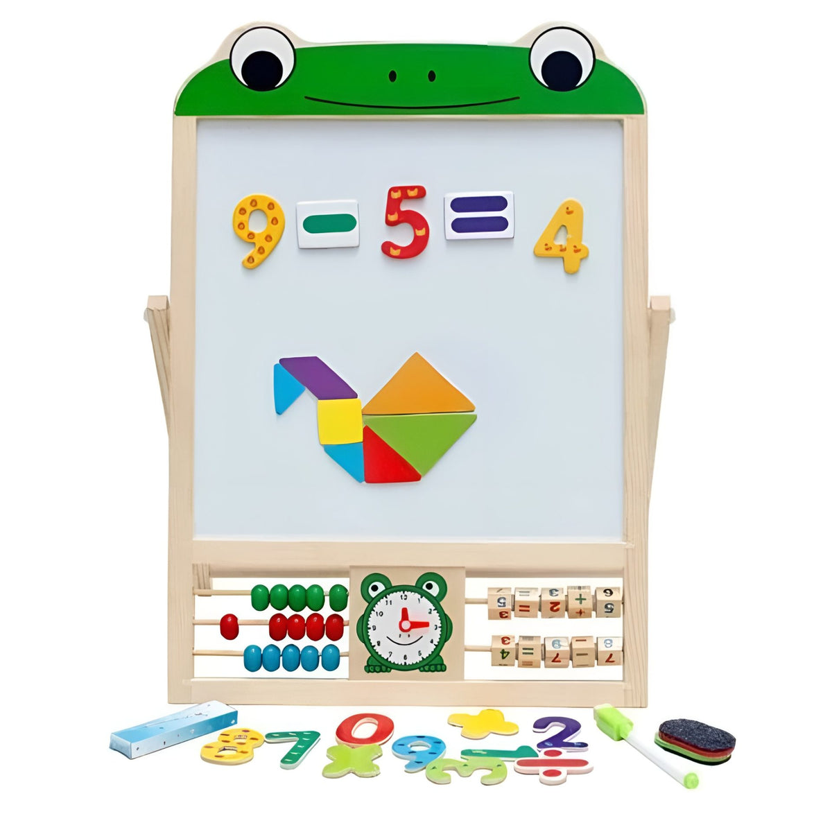 Tabla Educationala Magnetica 2 in 1, Pliabila cu Abac si Doua Fete pentru Creta si Marker, din Lemn Natural, include Litere si Cifre Magnetice, 3 ani+, Verde