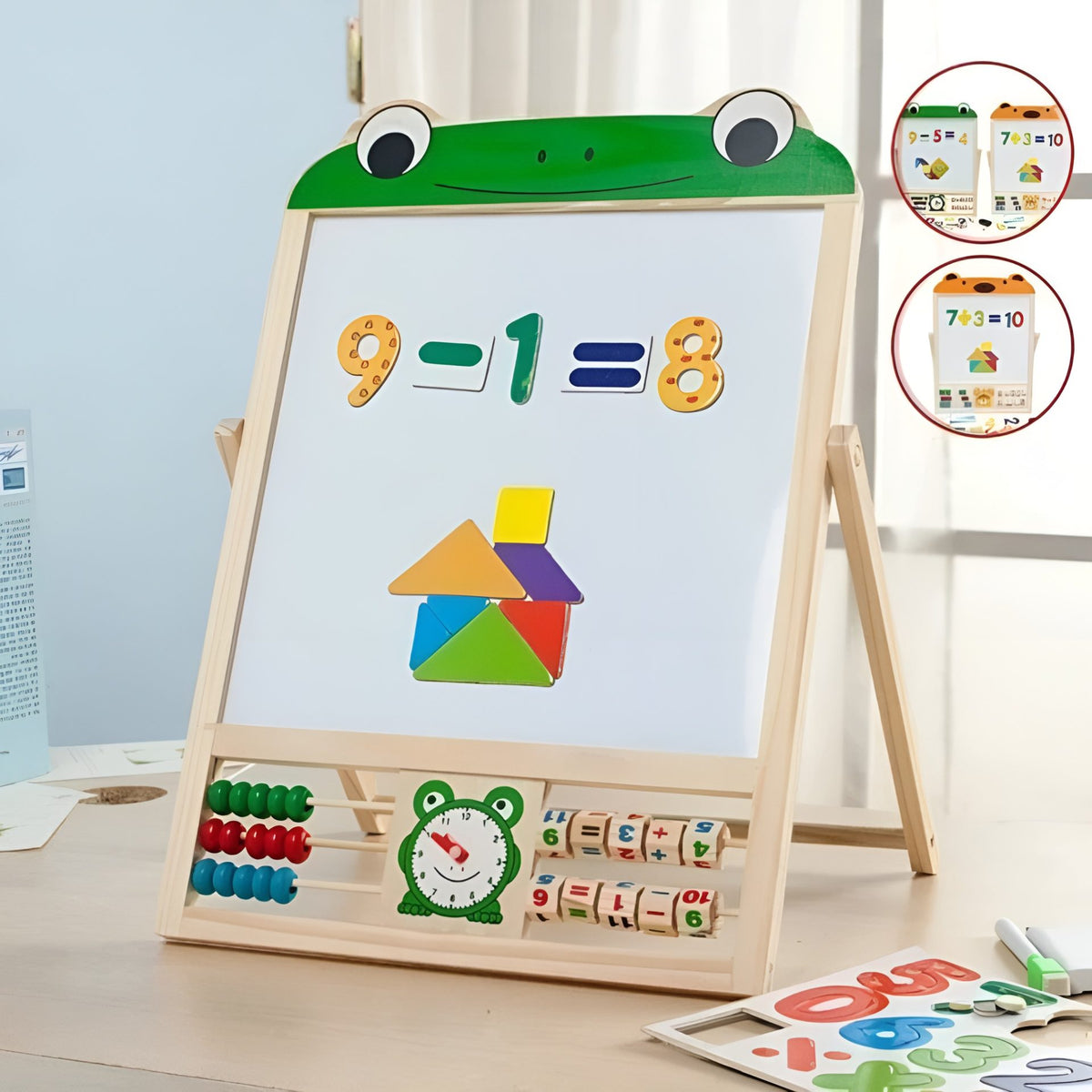 Tabla Educationala Magnetica 2 in 1, Pliabila cu Abac si Doua Fete pentru Creta si Marker, din Lemn Natural, include Litere si Cifre Magnetice, 3 ani+, Verde
