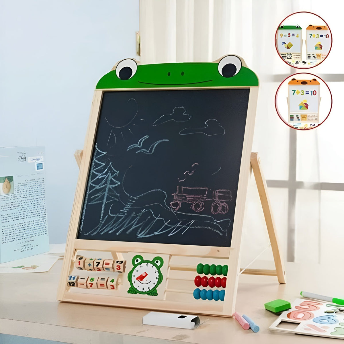 Tabla Educationala Magnetica 2 in 1, Pliabila cu Abac si Doua Fete pentru Creta si Marker, din Lemn Natural, include Litere si Cifre Magnetice, 3 ani+, Verde