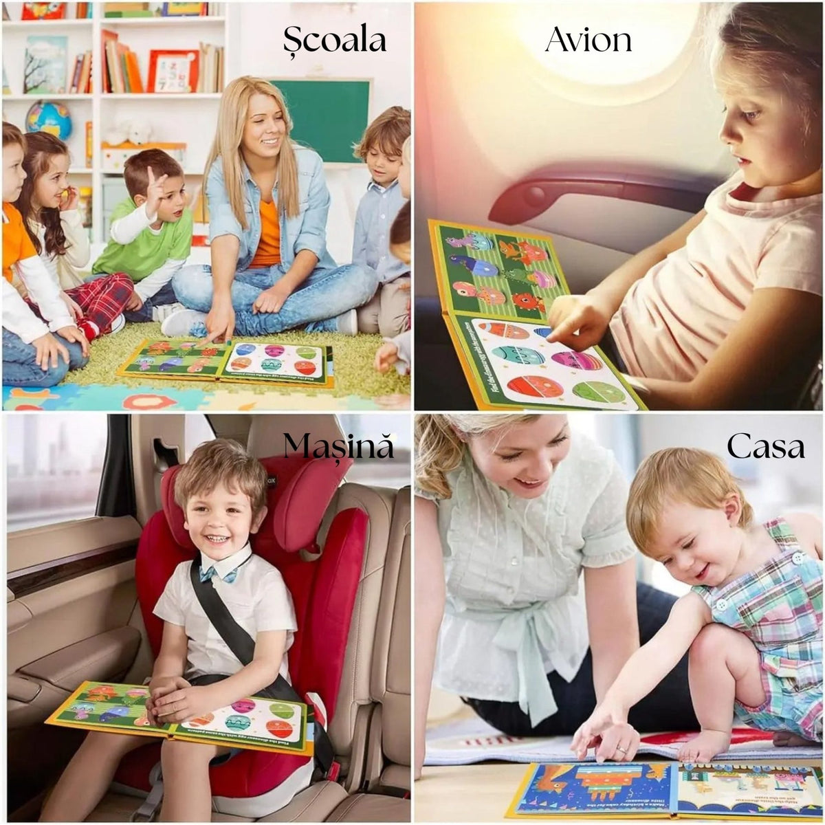 Carte Educativa Montessori, Quiet Book Senzoriala cu Stickere Reutilizabile, Joc Interactiv Invatare Timpurie, Tematica Dinozauri, Carton Plastifiat cu Scai, 10 Pagini, Multicolor, 3 Ani +