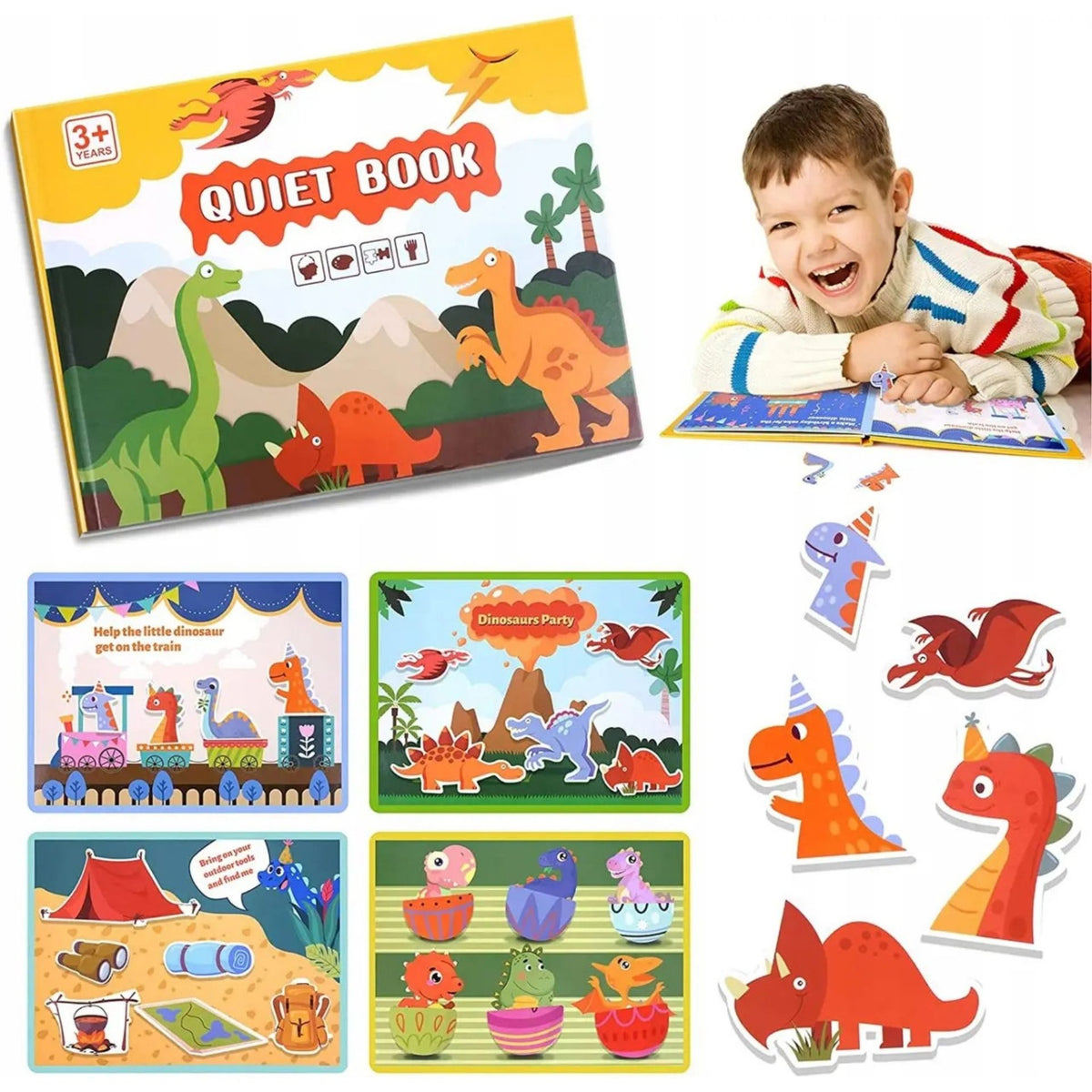 Carte Educativa Montessori, Quiet Book Senzoriala cu Stickere Reutilizabile, Joc Interactiv Invatare Timpurie, Tematica Dinozauri, Carton Plastifiat cu Scai, 10 Pagini, Multicolor, 3 Ani +