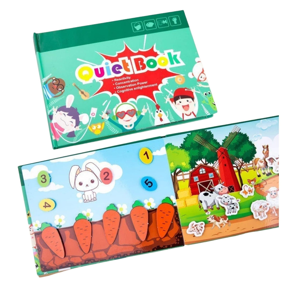Carte Educativa Quiet Book, Joc Montessori cu Stickere Reutilizabile si Scai, Activitati Senzoriale pentru Dezvoltarea Motricitatii, Carton Plastifiat, 10 Pagini Interactive, 3 Ani+, Multicolor