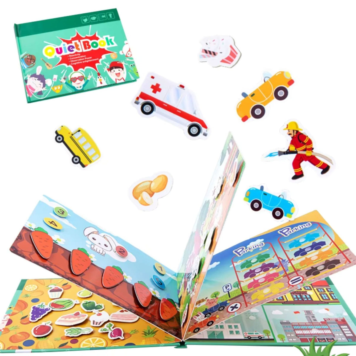 Carte Educativa Quiet Book, Joc Montessori cu Stickere Reutilizabile si Scai, Activitati Senzoriale pentru Dezvoltarea Motricitatii, Carton Plastifiat, 10 Pagini Interactive, 3 Ani+, Multicolor