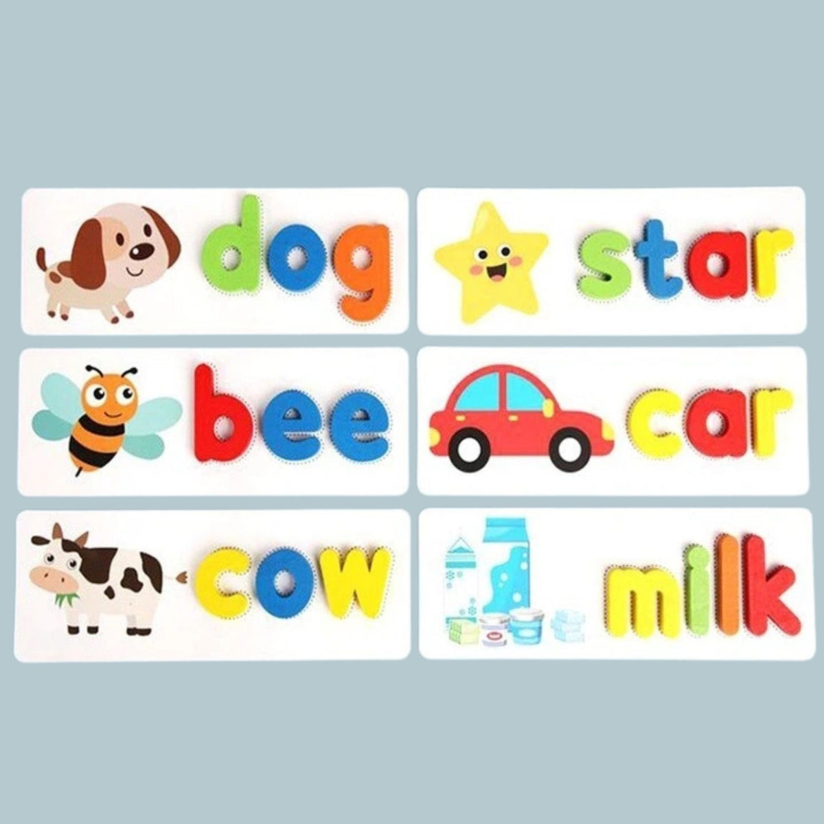 Joc Educativ Montessori Spelling Game, Puzzle Invatare Alfabet si Formare Cuvinte Engleza, Lemn si Carton, 52 Litere, 28 Carduri Fata-Verso, 3-6 Ani, Multicolor
