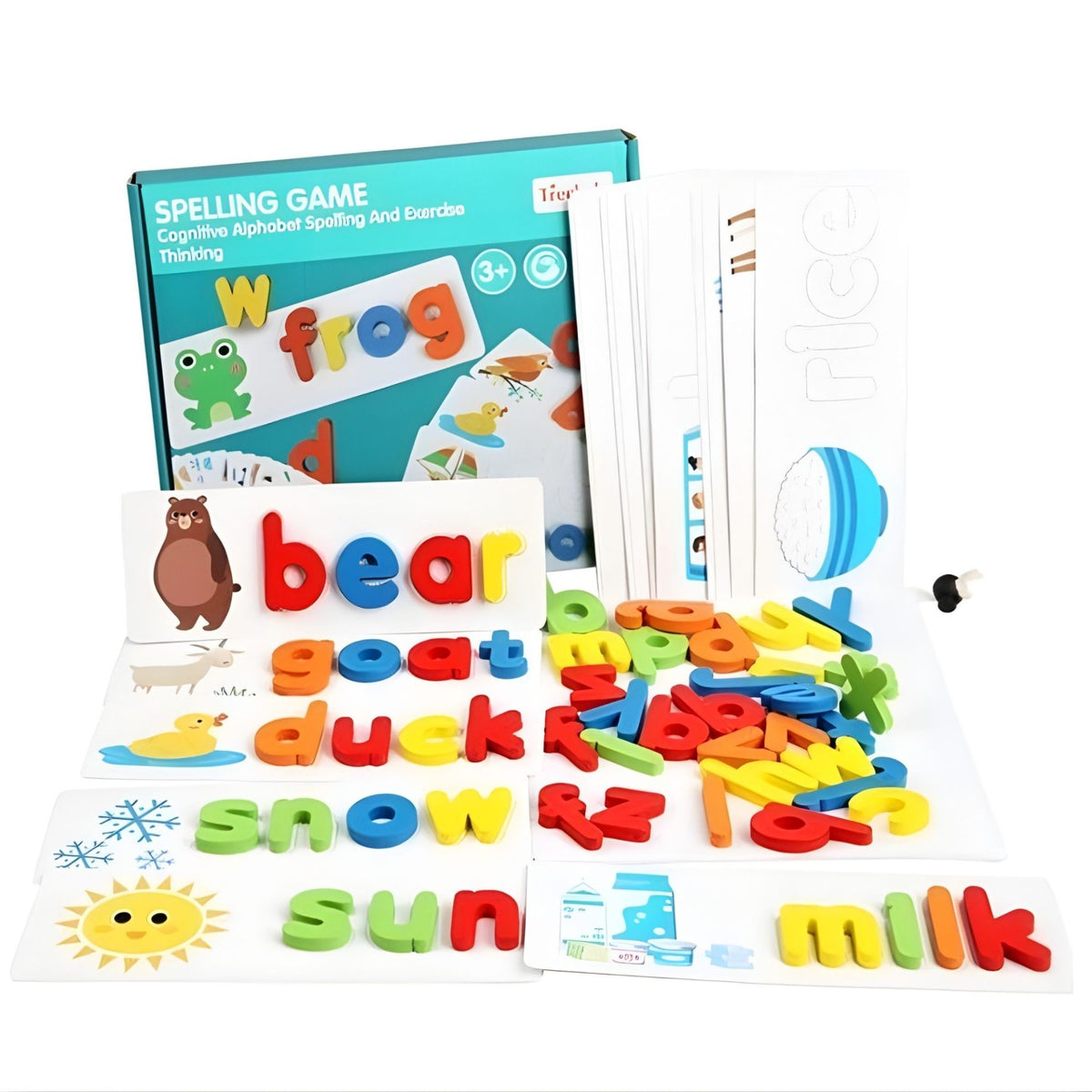 Joc Educativ Montessori Spelling Game, Puzzle Invatare Alfabet si Formare Cuvinte Engleza, Lemn si Carton, 52 Litere, 28 Carduri Fata-Verso, 3-6 Ani, Multicolor