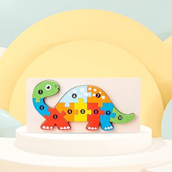 Puzzle din Lemn 3D Montessori, Jucarie Educativa si Interactiva pentru Dezvoltarea Motricitatii Fine, Lemn Natural cu Vopsea Ecologica, Model Brachiosaurus, 11 Piese, Multicolor, 0-3 Ani