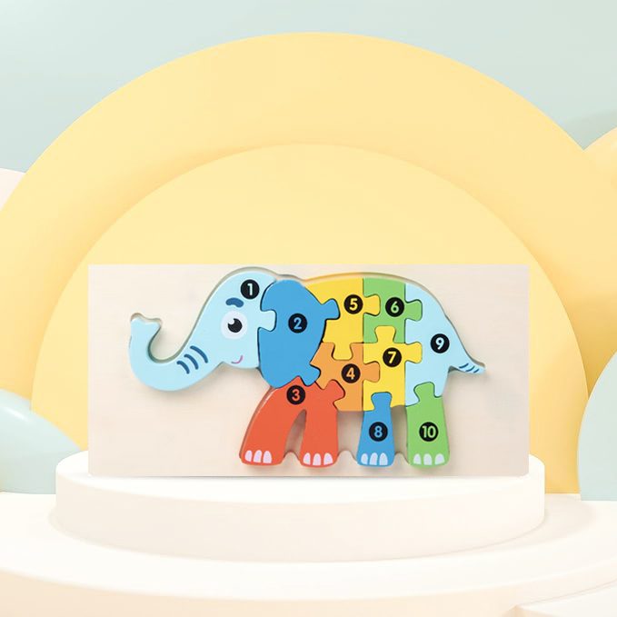 Puzzle din Lemn 3D Montessori, Jucarie Educativa pentru Motricitate si Logica, Lemn Natural cu Vopsea Ecologica, Model Elefant, 11 Piese, Multicolor, 0-3 Ani