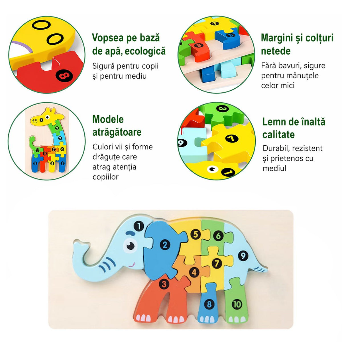 Puzzle din Lemn 3D Montessori, Jucarie Educativa pentru Motricitate si Logica, Lemn Natural cu Vopsea Ecologica, Model Elefant, 11 Piese, Multicolor, 0-3 Ani