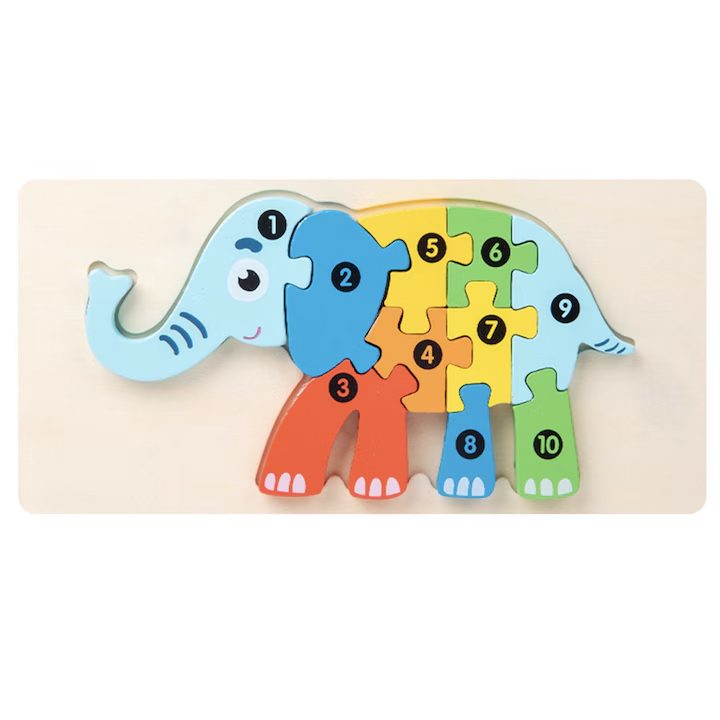 Puzzle din Lemn 3D Montessori, Jucarie Educativa pentru Motricitate si Logica, Lemn Natural cu Vopsea Ecologica, Model Elefant, 11 Piese, Multicolor, 0-3 Ani