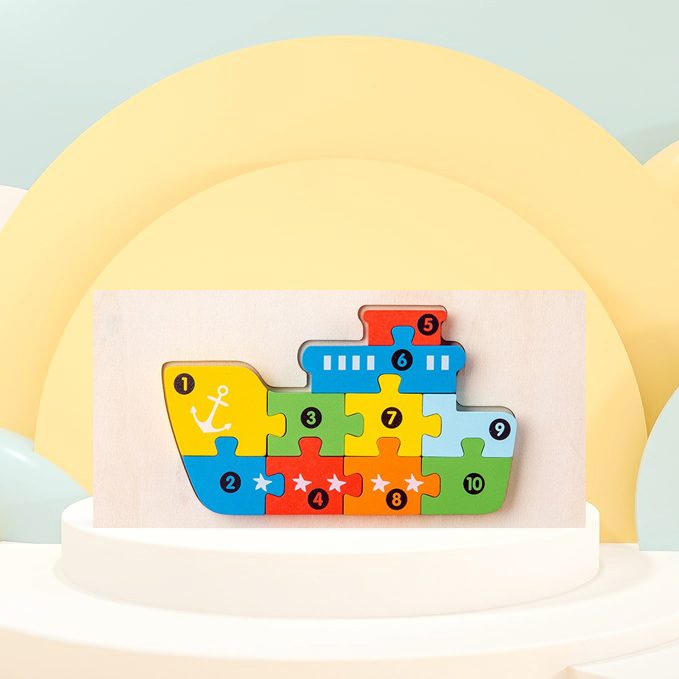 Puzzle din Lemn 3D Montessori, Jucarie Educativa si Senzoriala pentru Dezvoltarea Motricitatii, Vopsea Ecologica, Model Nava, 11 Piese, Multicolor, 0-3 Ani