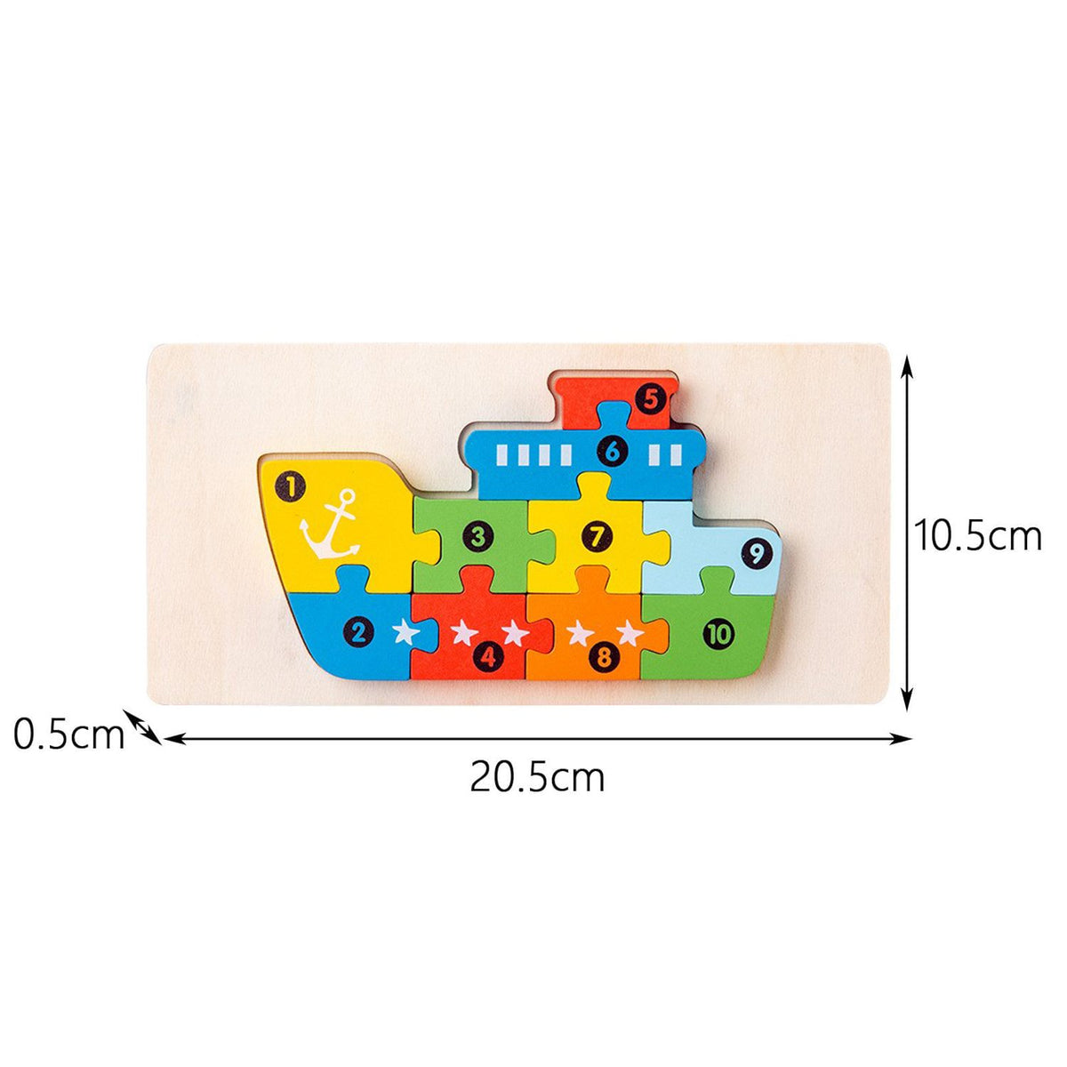 Puzzle din Lemn 3D Montessori, Jucarie Educativa si Senzoriala pentru Dezvoltarea Motricitatii, Vopsea Ecologica, Model Nava, 11 Piese, Multicolor, 0-3 Ani