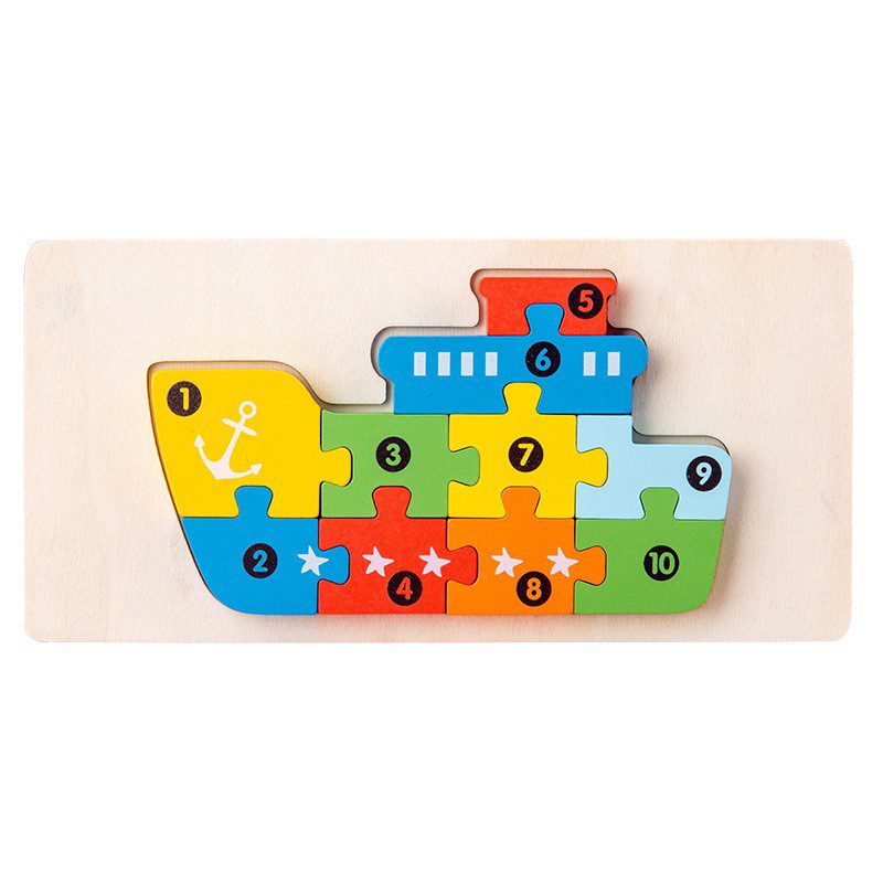 Puzzle din Lemn 3D Montessori, Jucarie Educativa si Senzoriala pentru Dezvoltarea Motricitatii, Vopsea Ecologica, Model Nava, 11 Piese, Multicolor, 0-3 Ani