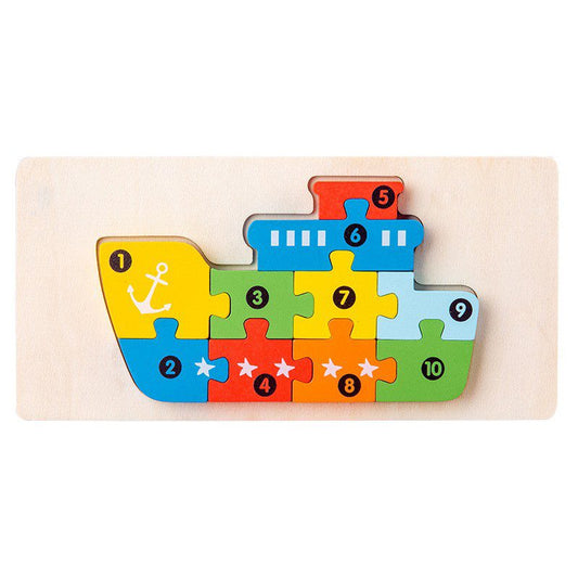 Puzzle din Lemn 3D Montessori, Jucarie Educativa si Senzoriala pentru Dezvoltarea Motricitatii, Vopsea Ecologica, Model Nava, 11 Piese, Multicolor, 0-3 Ani