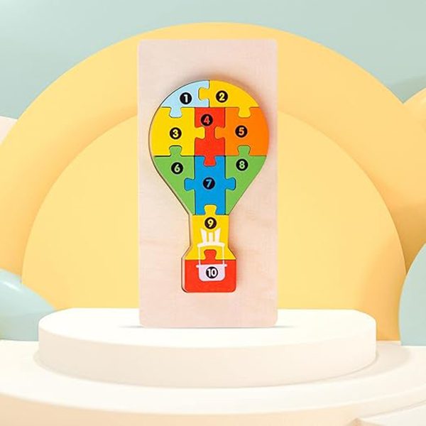 Puzzle din Lemn 3D Montessori, Jucarie Educativa si Interactiva, Dezvolta Motricitatea si Logica, Lemn Natural cu Vopsea Ecologica, Model Balon cu Aer Cald, 11 Piese, Multicolor, 0-3 Ani